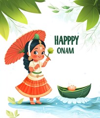 Happy Onam Celebration Girl in Traditional Kerala Dress with Boat