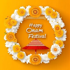 Happy Onam Festival Greeting Card with Flowers and Umbrella