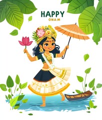 Happy Onam Festive Kerala Girl with Lotus Flower and Boat