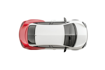 Top view of a modern car designed with a unique two-tone color scheme isolated on a plain white background that highlights its sleek and stylish features clearly