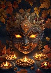 Illuminated Goddess Mask Autumnal Sweets Diwali Festive Decor