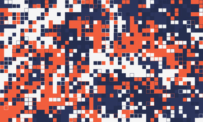 Abstract pixel art background.  Vibrant orange, white, and navy blue squares create a dynamic, modern design.