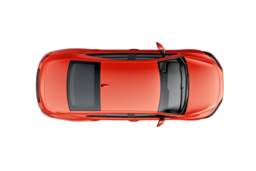Bird's eye view of a sleek red car isolated on a clean white background, showcasing its smooth curves and modern design in a studio setting