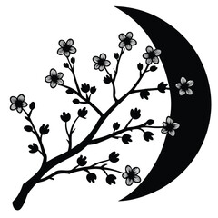 Elegant Crescent Moon and Cherry Blossom Branch Silhouette A Dark Floral Design