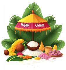 Happy Onam: Festive Kerala harvest celebration with rice, flowers, and traditional umbrella