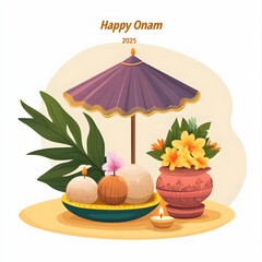 Happy Onam 2025: Festive Kerala Umbrella, Flowers, and Candles
