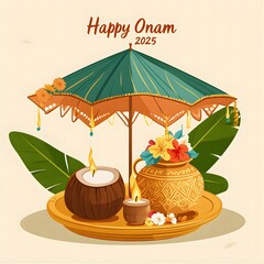Festive Onam 2025 Greeting Card with Candles Flowers and Umbrella