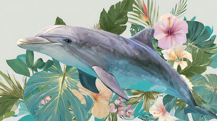 A vibrant dolphin swimming gracefully among tropical flowers and lush green foliage
