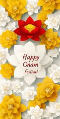 Happy Onam Festival Floral Greeting Card Design with White and Yellow Flowers