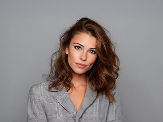 Fototapeta premium Young woman with wavy brown hair wearing a stylish gray blazer poses confidently against a neutral background, showcasing modern fashion and beauty trends in a professional portrait