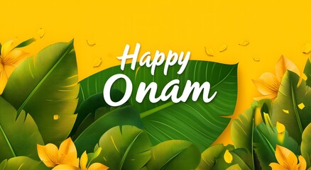 Happy Onam Festival Greeting Lush Green Leaves Yellow Flowers