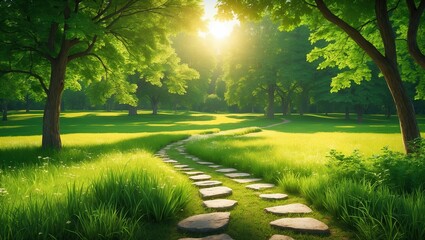 Scenic serene pathway through lush green park illuminated by bright sunlight and verdant trees