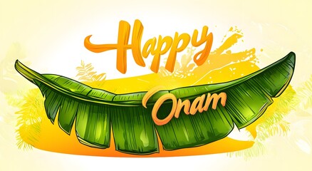 Happy Onam Festival Greeting Banana Leaf Design