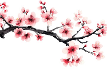 Obraz premium Traditional ink painting style sakura tree branch with delicate pink blossoms against a white background showcasing nature's beauty and elegance