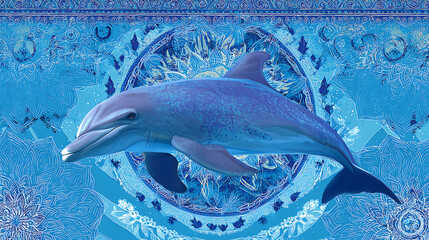 A vibrant dolphin swimming gracefully through a blue underwater scene with intricate patterns