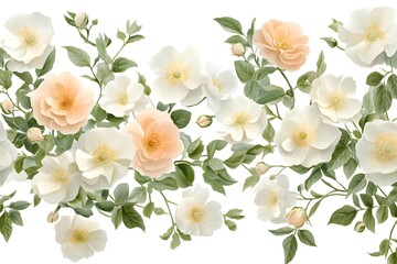 Delicate floral arrangement of peach and cream roses.
