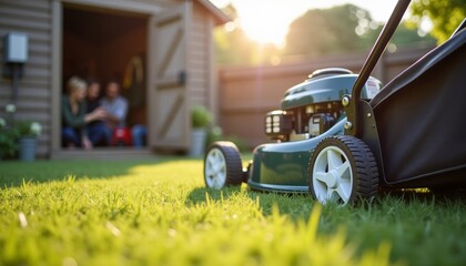  Lawn mower near tool shed