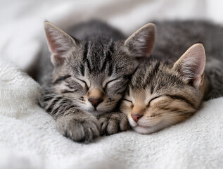 Two adorable tabby kittens sleeping peacefully on a soft white blanket, showcasing their cozy bond and serene expressions in a warm, inviting atmosphere