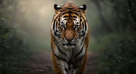 An adult Bengal tiger walks in the misty forest, showing its natural strength and beauty. 