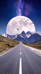 Empty Road Leading to Majestic Mountains Under a Giant Moonlit Sky. AI Generated