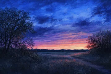 Fototapete Vibrant sunset illuminating a serene countryside landscape painting © Andrei