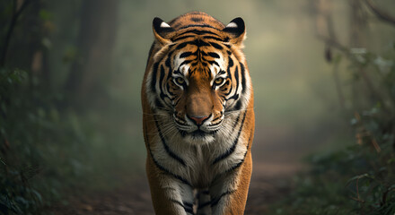 An adult Bengal tiger walks in the misty forest, showing its natural strength and beauty. 