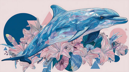 Colorful geometric dolphin swimming among vibrant floral patterns on a soft pastel background