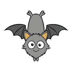 A cute grey bat hangs upside down, smiling with big eyes and tiny wings folded close, bringing a fun and quirky vibe to the night in a playful, charming way.
