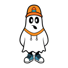 A spooky hip-hop Halloween ghost rocking a stylish cap and shades, floating with attitude, ready to drop beats and chills in the eerie night vibe.
