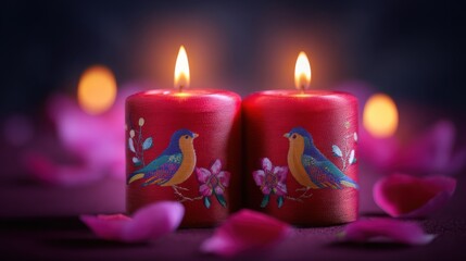 Two vibrant red candles with colorful bird and floral designs burn brightly, surrounded by scattered pink petals in a warm, intimate, and tranquil setting with soft background lighting.