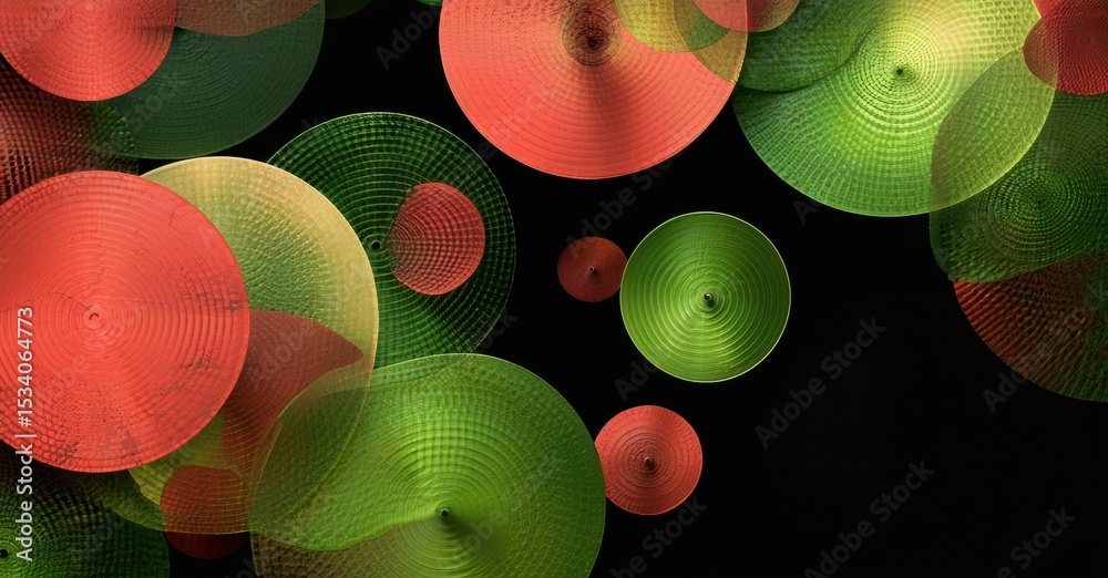 Poster abstract circles overlap, creating vibrant red, green hues. background is black, emphasizing shapes,