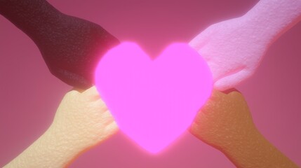 Diverse hands of various skin tones interlock to create a glowing heart, symbolizing unity and inclusion against a soft gradient backdrop