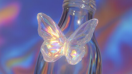 A glass bottle releases a luminescent butterfly light, surrounded by gentle pastel swirls symbolizing beauty and the essence of transformation