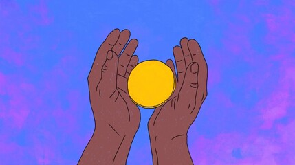 Two hands of cradle a luminous golden coin, embodying the power of unity and financial achievement against a gentle gradient backdrop