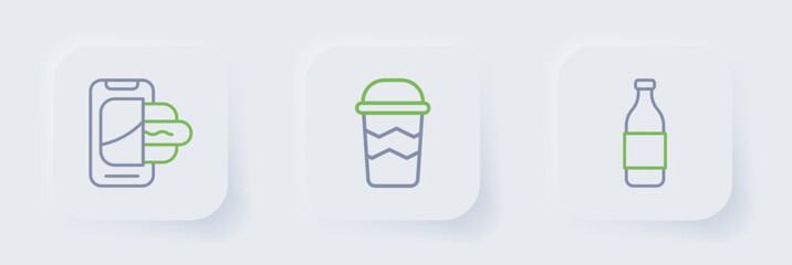 Set line Bottle of wine, Coffee cup to go and Food ordering on mobile icon. Vector