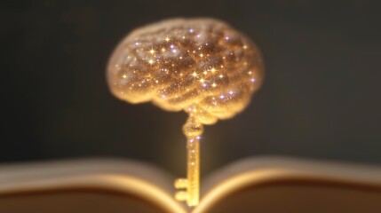 A glowing key in an open book releases light, revealing a starry brain that symbolizes education's power in a dim library