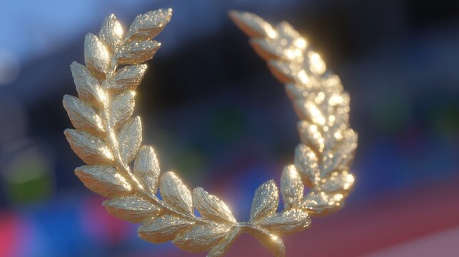 A luminous laurel wreath hovers over a shining gold medal, representing achievement and glory amidst an indistinct stadium filled with excitement