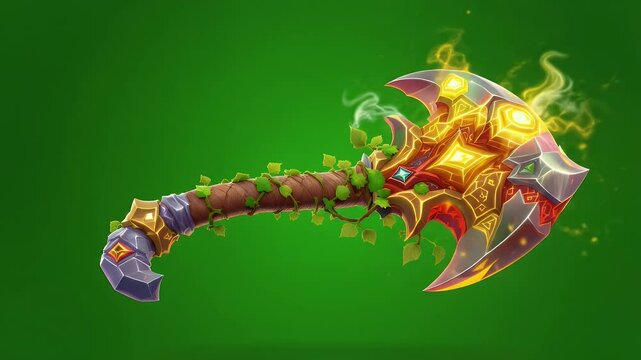 Fantasy Axe Weapon Golden Blade Vines and Leaves Detailed Geometrical Design on Green Screen Background 3D Render for VFX RPG Game Asset
