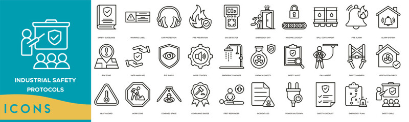 Industrial Safety Protocols icon set. Safety Guidelines, Warning Label, Ear Protection, Fire Prevention, Gas Detector, Emergency Exit and Machine Lockout