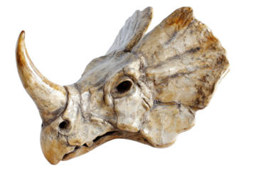 Triceratops head sculpture in natural tones displayed against a white background
