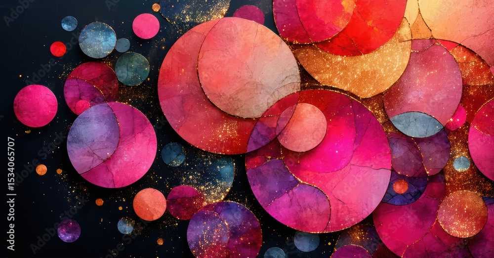 Poster abstract circles overlap, creating vibrant color blends. pink, red, purple hues dominate with golden