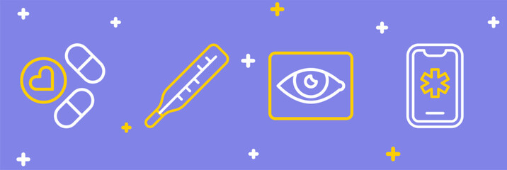 Set line Emergency call 911, Red eye effect, Medical thermometer and Medicine pill or tablet icon. Vector