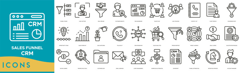 Sales Funnel & CRM icon set. Funnel Stages, Lead Capture, Deal Pipeline, Customer Insights, CRM Dashboard, Sales Flow, Lead Tracking and Contact List