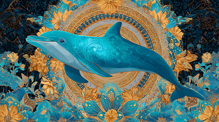 Vibrant dolphin swimming gracefully amidst ornate floral patterns and intricate designs