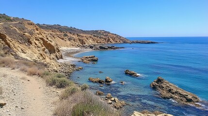 A scenic coastal view with a sandy path, rocky shoreline, clear turquoise water, and a sunny blue sky