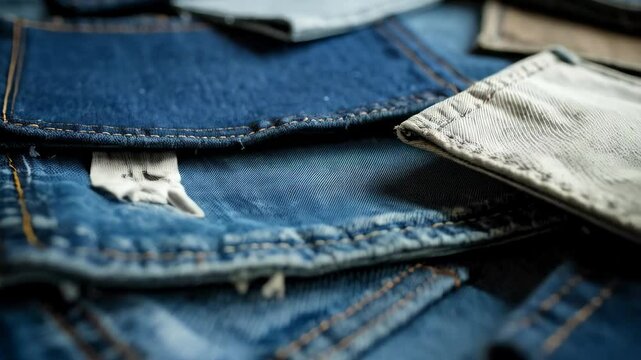 Abstract arrangement of repurposed denim squares with visible seams and tags, creating a textured background and unique textile design