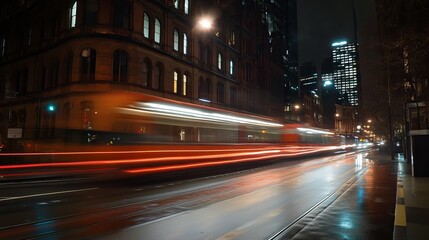 Naklejka premium A speeding tram streaks through a rain-slicked city street at night, its lights blurring into vibrant streaks against the backdrop of illuminated buildings