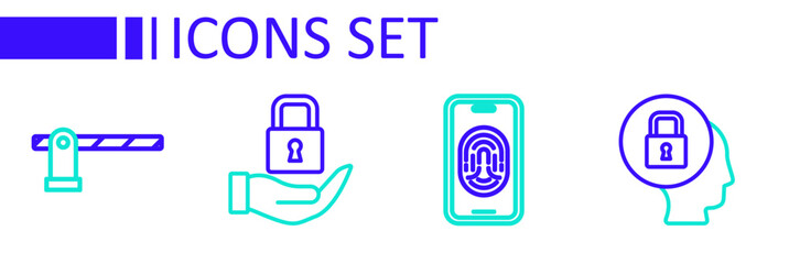Set line Lock, Mobile with fingerprint scanner, and Parking car barrier icon. Vector