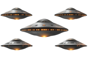 Collection of futuristic UFOs floating against a transparent background showcasing advanced technology with lights and sleek designs that captivate the imagination
