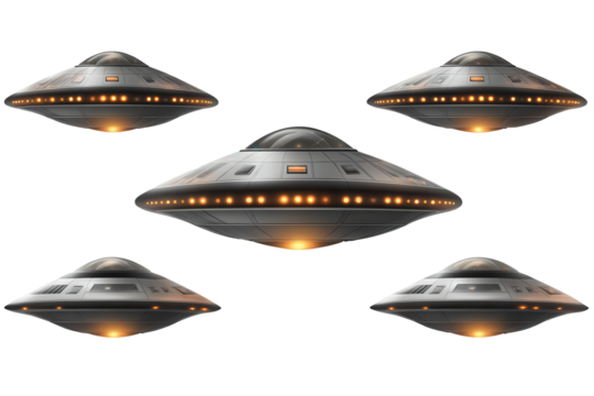 Collection of futuristic UFOs floating against a transparent background showcasing advanced technology with lights and sleek designs that captivate the imagination